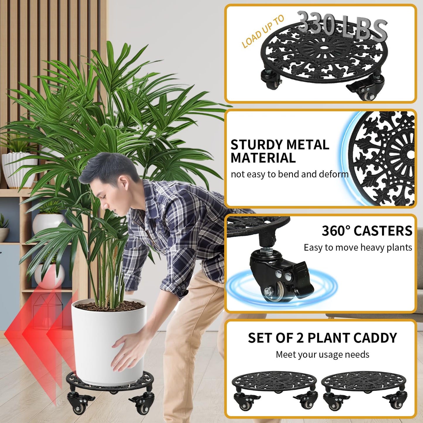 GARGENTOL Rolling Plant Stand with Wheels, 2 Pack Heavy Duty Metal Plant Caddy 11 Inch Wrought Iron Plant Dolly Outdoor Round Plant Rollers Stand for Large Potted Plants and Flower Pot, Black
