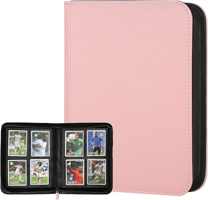 4 Pocket Ringless Side Loading Trading Card Binder, 160 Cards PU Fixed Page Zipper Card Album for TCG Sports Game Cards, Not Fit Top Loaders (Pink)