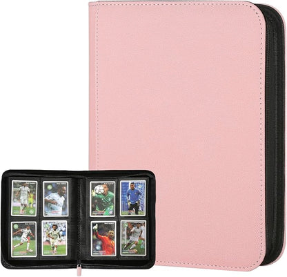 4 Pocket Ringless Side Loading Trading Card Binder, 160 Cards PU Fixed Page Zipper Card Album for TCG Sports Game Cards, Not Fit Top Loaders (Pink)