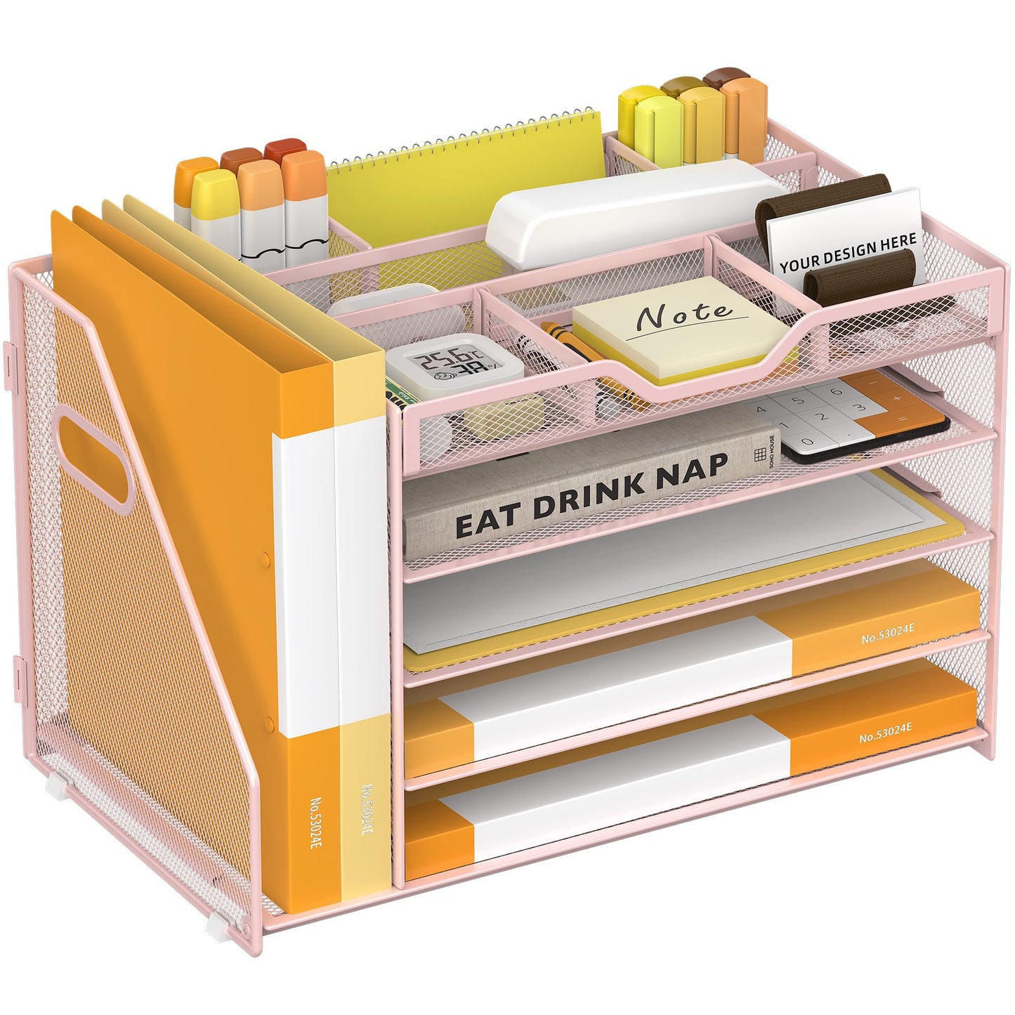 OrgMate 5 Tier Paper Letter Tray with File Holder and 3 Drop-in Pen Holders, Mesh Desk File Organizer with Handle, Desk Organizers and Accessories for School,Home, Office Supplies Storage-Pink