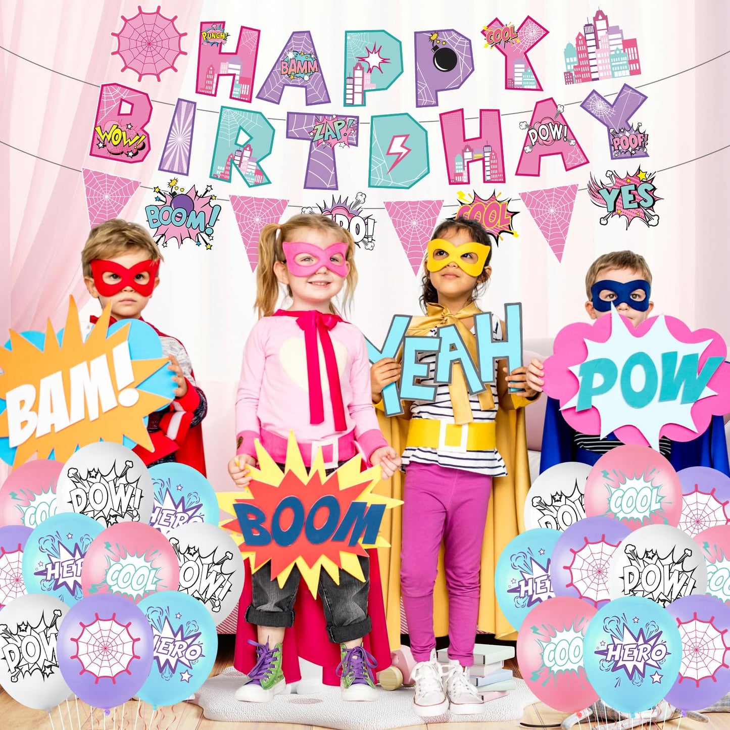 Hero Party Decoration Hero Happy Birthday Banner Pink Spidey Theme Pennant Flag Banner Cake Toppers Latex Balloons for Spider Girl Birthday Baby Shower Party Supplies