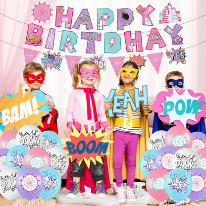 Hero Party Decoration Hero Happy Birthday Banner Pink Spidey Theme Pennant Flag Banner Cake Toppers Latex Balloons for Spider Girl Birthday Baby Shower Party Supplies