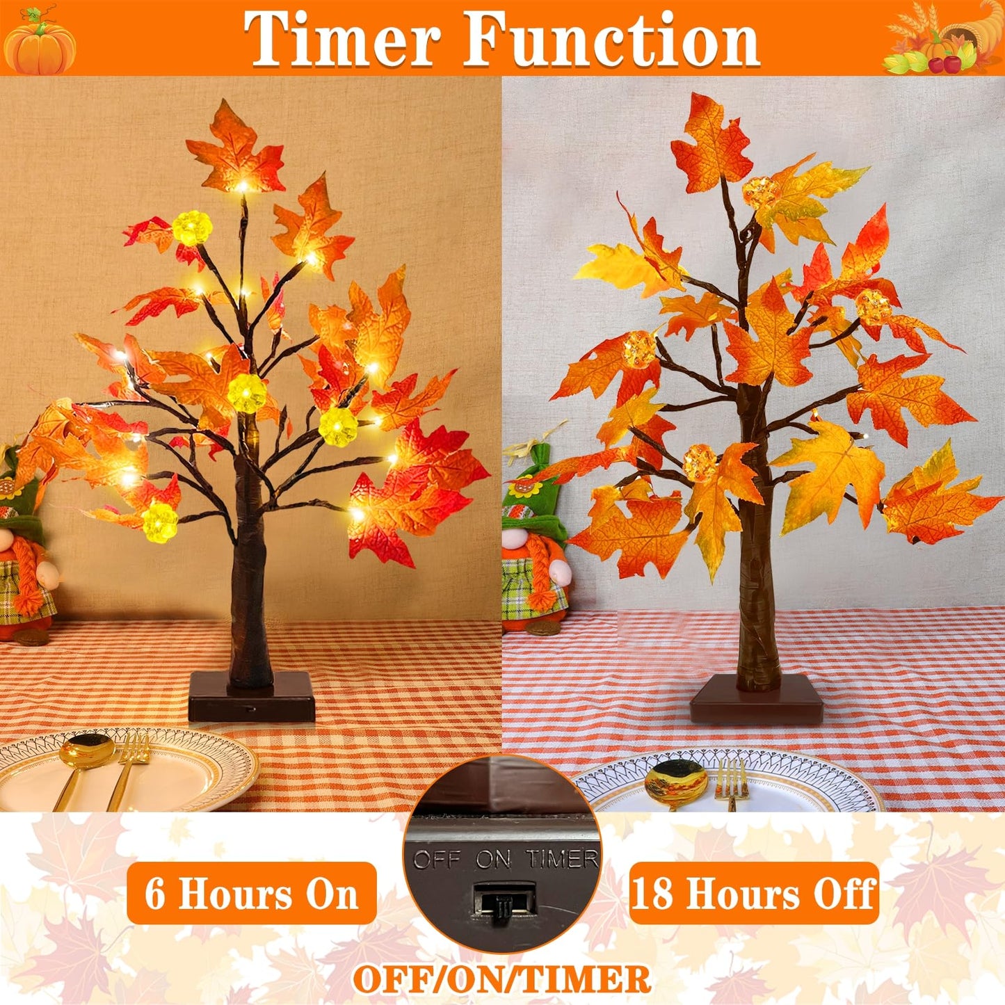 18 Inch Prelit Fall Maple Tree with Pumpkin Lights Timer Fall Decorations for Home, Battery Operated 24 Warm White LEDs for Autumn Halloween Thanksgiving Table Party Home Fall Decor Indoor Outdoor