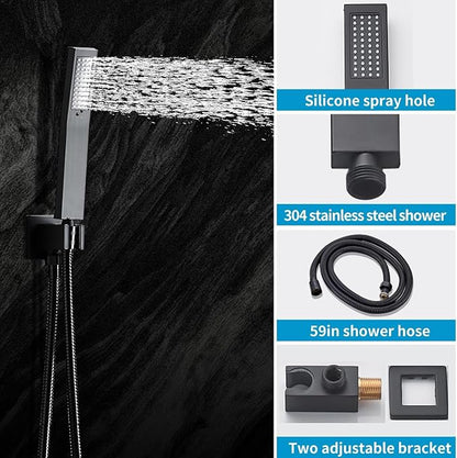 Matte Black Shower Faucet 12 Inch Set with Tub Spout, Shower Head and Handle with 2 Hooks Rain System Square Wall Mount for Bathroom