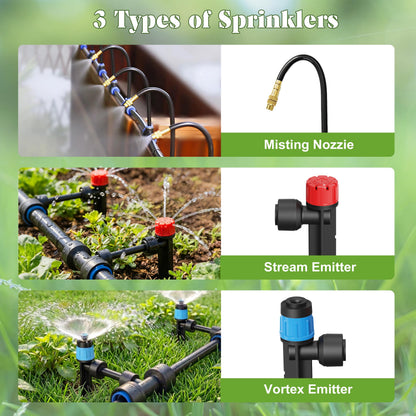Drip Irrigation Kit for Garden, Automatic Watering System with Quick Connect Fittings, Adjustable Spray Nozzles, Water Saving Irrigation System for Yard, Greenhouse, Lawn & Potted Plants (140FT)