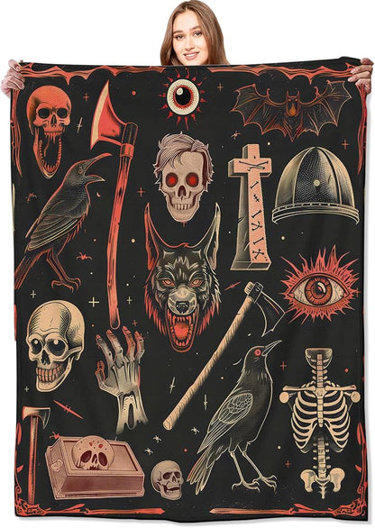 Vintage Gothic Horror Blanket,Creepy Goth Skeleton Skulls Bats Fun Throw Blankets,Gifts for Women Men, Lightweight Soft Fleece Cozy,for Couch Bed Room,Festival Halloween Decor,60x80in