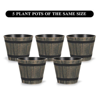 WEICHENGXING 5 Pack 7 Inch Plastic Plant Pots, Whiskey Barrel Planters, Flower Pots for Indoor Outdoor Home Herb Snake Plants, Durable Pots, Set of 5