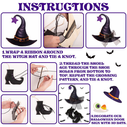 Halloween Witch Hanging Door Decor - Hocus Pocus Hat Shoes Sign Wreath Wooden Decorations with Bats for Wall Outdoor