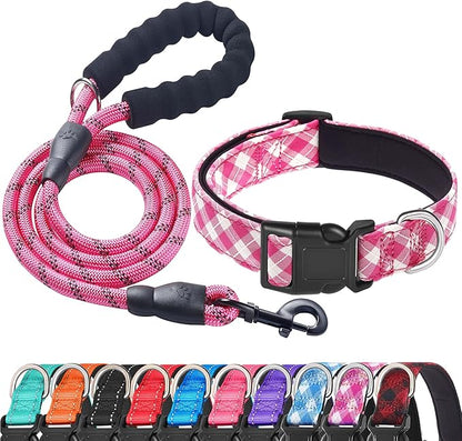 Ladoogo Reflective Dog Collar Padded with Soft Neoprene Breathable Adjustable Nylon Dog Collars for Small Medium Large Dogs (X-Small (Pack of 1), Pink Plaid Collar+Leash)