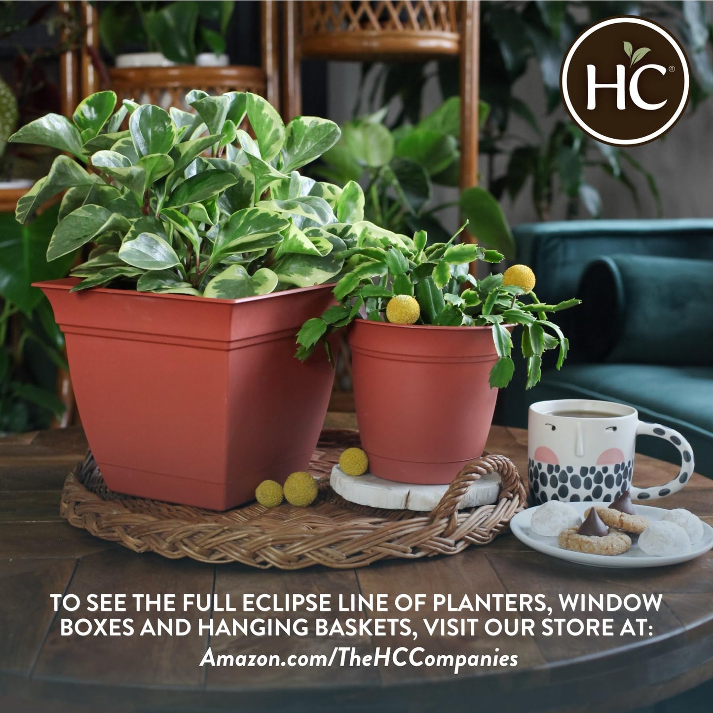 The HC Companies 10 Inch Eclipse Square Planter with Saucer – Indoor Outdoor Plant Pot for Flowers Vegetables Herbs, Clay