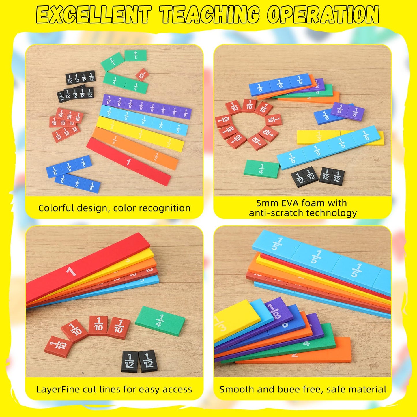 Sayglossy 8 Sets Fraction Tiles Sets for Math Fraction Manipulatives Montessori Math Materials EVA Foam Algebra Tiles Games for Classroom Teaching Aids, Homeschool Supplies