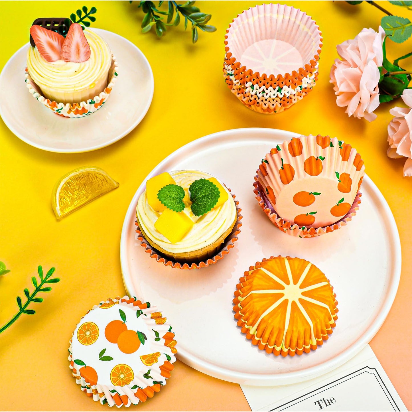 Whaline 300Pcs Orange Fruit Cupcake Liners Paper Baking Cups Summer Fruit Standard Muffin Cupcake Wrappers for Baby Shower Birthday Party Supplies