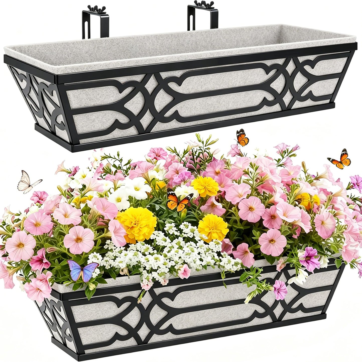 Railing Planter Box, Window Planter Box 24 Inch 2 Pack, Metal Hanging Flower Boxes with Non-Woven Fabric Liner, Adjustable Brackets for Deck Railing, Fence, Balcony, and Porch, Black