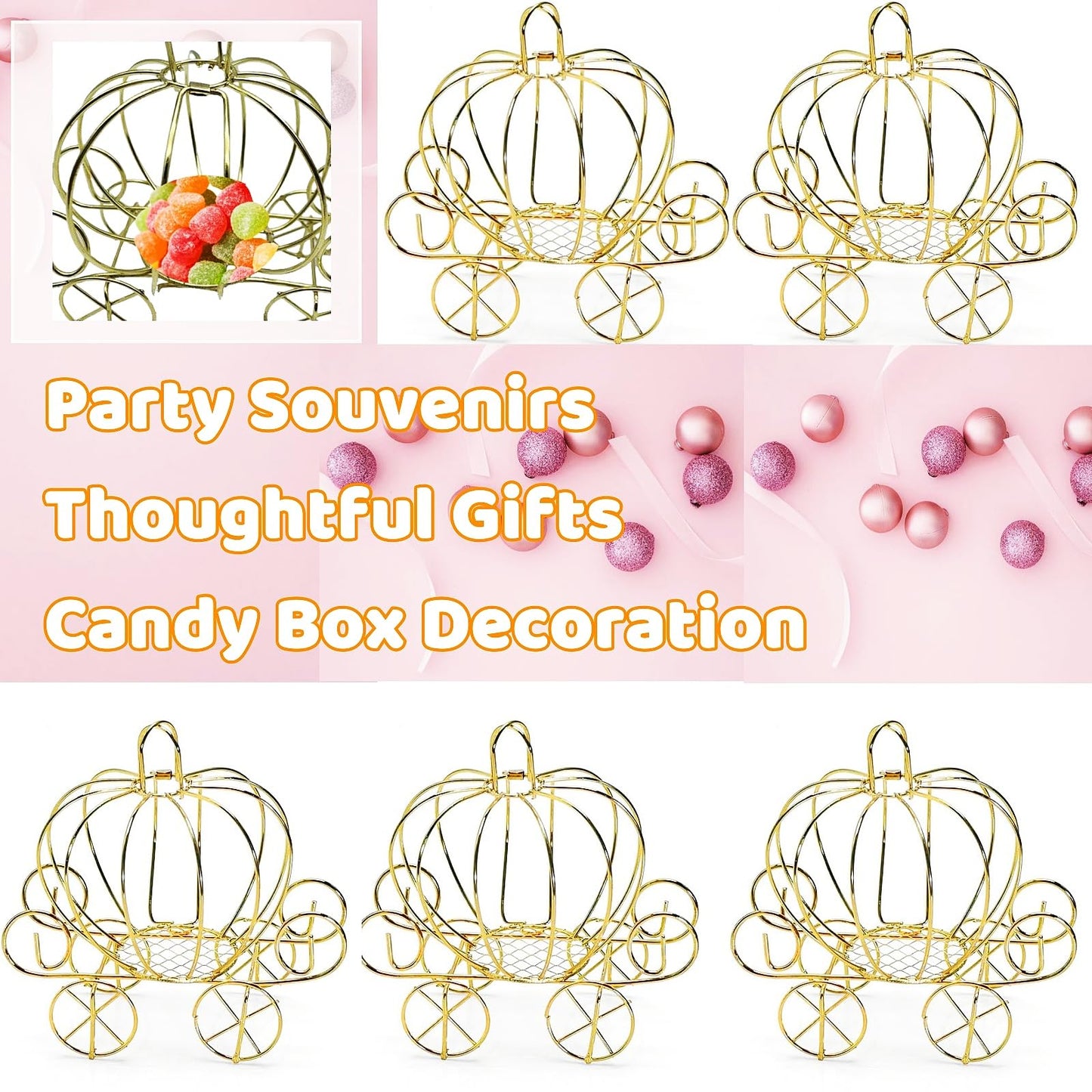 Haokixin 5Pcs Cinderella Carriage Centerpiece, Princess Carriage Candy Box, Halloween Pumpkin Candy Holder, Plated Pumpkin Carriage Decor for Tables Birthday Wedding Party Decorations