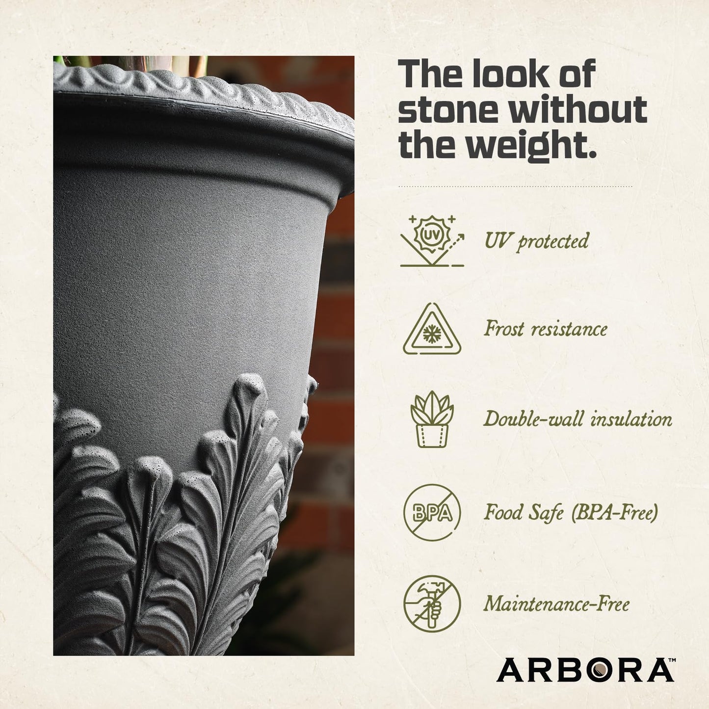 ARBORA 17" Paris Urn Polyresin Indoor and Outdoor Planter with Black Finish - Durable, Weatherproof, Lightweight, Large Plant Pot for Patio, Garden, Deck, Entryway