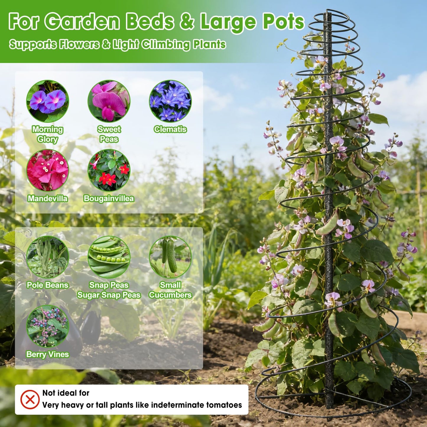 Trellis for Climbing Plants, 75” Metal Spiral Frame Pea Trellis with Center Pole, Adjustable Vine Plant Tower Supports for Outdoor Beans,Cucumbers,Vegetable,Flowers,Pots,Garden Raised Bed,12” Dia