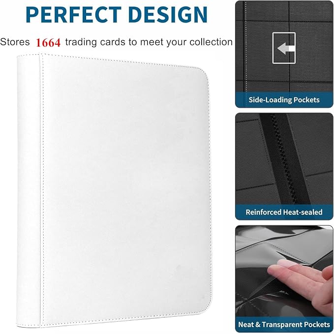 Trading Card Binder 16 Pocket, 1664 Pockets Ringless PU Cover Card Collection Binder, Double Sided Card Binder Collector Album, Card Folder for MTG, TCG, Sports Cards, Game Card (White, 16Pockets)