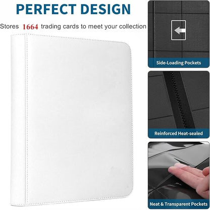 Trading Card Binder 16 Pocket, 1664 Pockets Ringless PU Cover Card Collection Binder, Double Sided Card Binder Collector Album, Card Folder for MTG, TCG, Sports Cards, Game Card (White, 16Pockets)