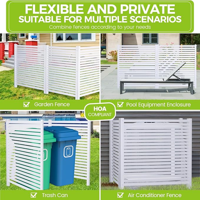 Air Conditioner Fence 48" W X 48" H Trash Can Fence Pool Equipment Enclosure Vinyl Privacy Fence Outdoor No Dig Privacy Fence 3 Panels with Metal Stake, White