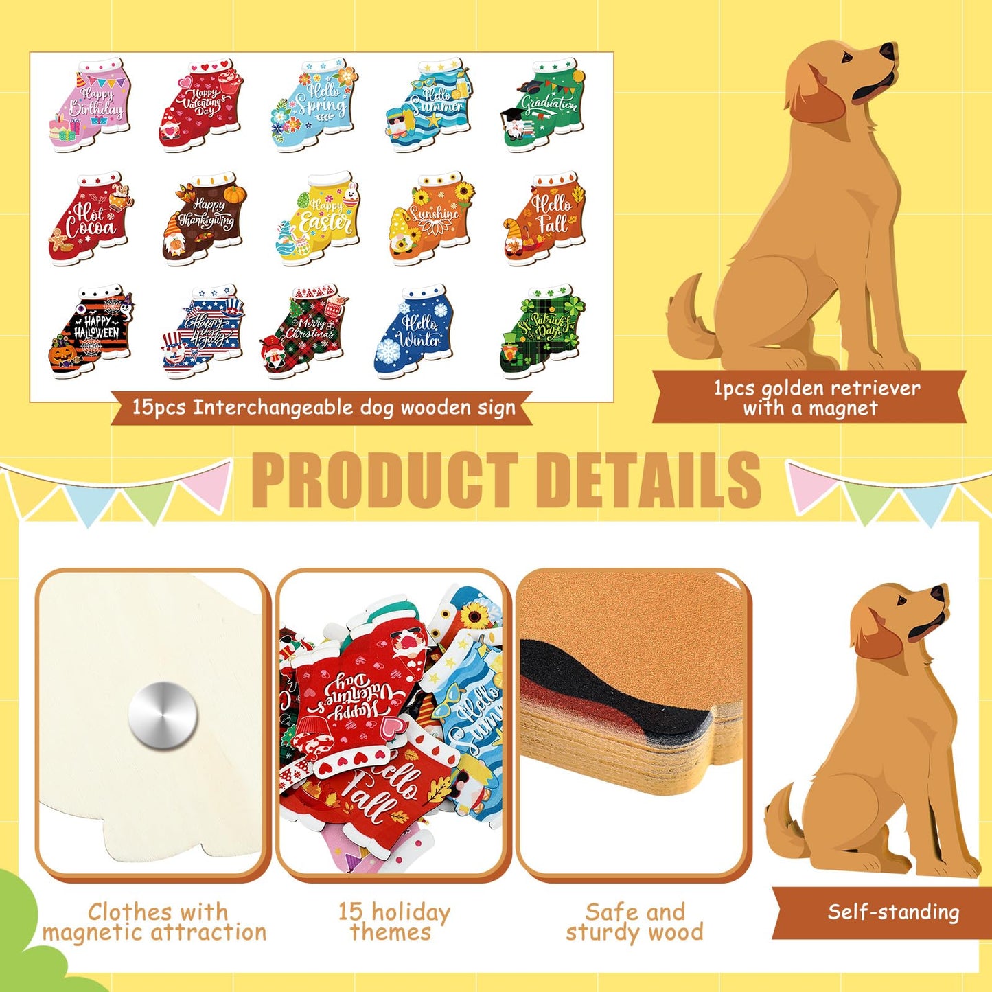 Barydat 16 Pcs Seasonal Dachshund Table Sign for All Seasons Lovely Interchangeable Table Decoration, Wooden Rustic Holiday Centerpieces Summer Patriotic Dachshund Independence Day Sign(Cute Dog)