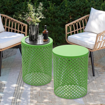 CAIHAOA Set of 2 Outdoor Side Table, Heavy Duty Metal Frame Accent Table, Decorative Garden Stool, Wood Circle Embossed Design, Plant Stand Living Room Garden Stool, Indoor Outdoor Using, Green