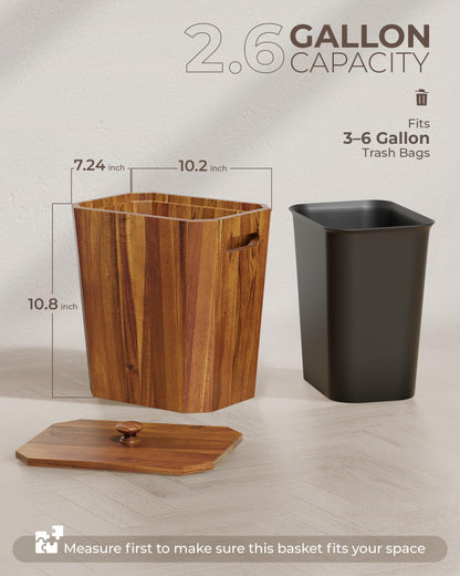 BLUEWEST 2.6 Gallons Acacia Wooden Wastebasket with Lid & PP Liner – Small Trash Can for Bathroom, Bedroom, Office – Decorative Wood Bin with Handle for Under Counter Use