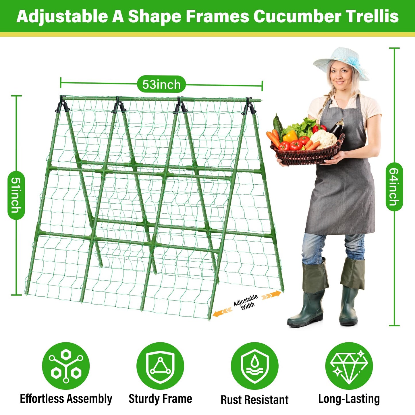 Sunwinx 53x51 Inch Cucumber Trellis for Raised Bed, Adjustable A-Frame Garden Trellis for Climbing Plants Outdoor with Climbing Net, Meal Plant Trellis for Vegetables Pea Bean Tomato Grape Squash