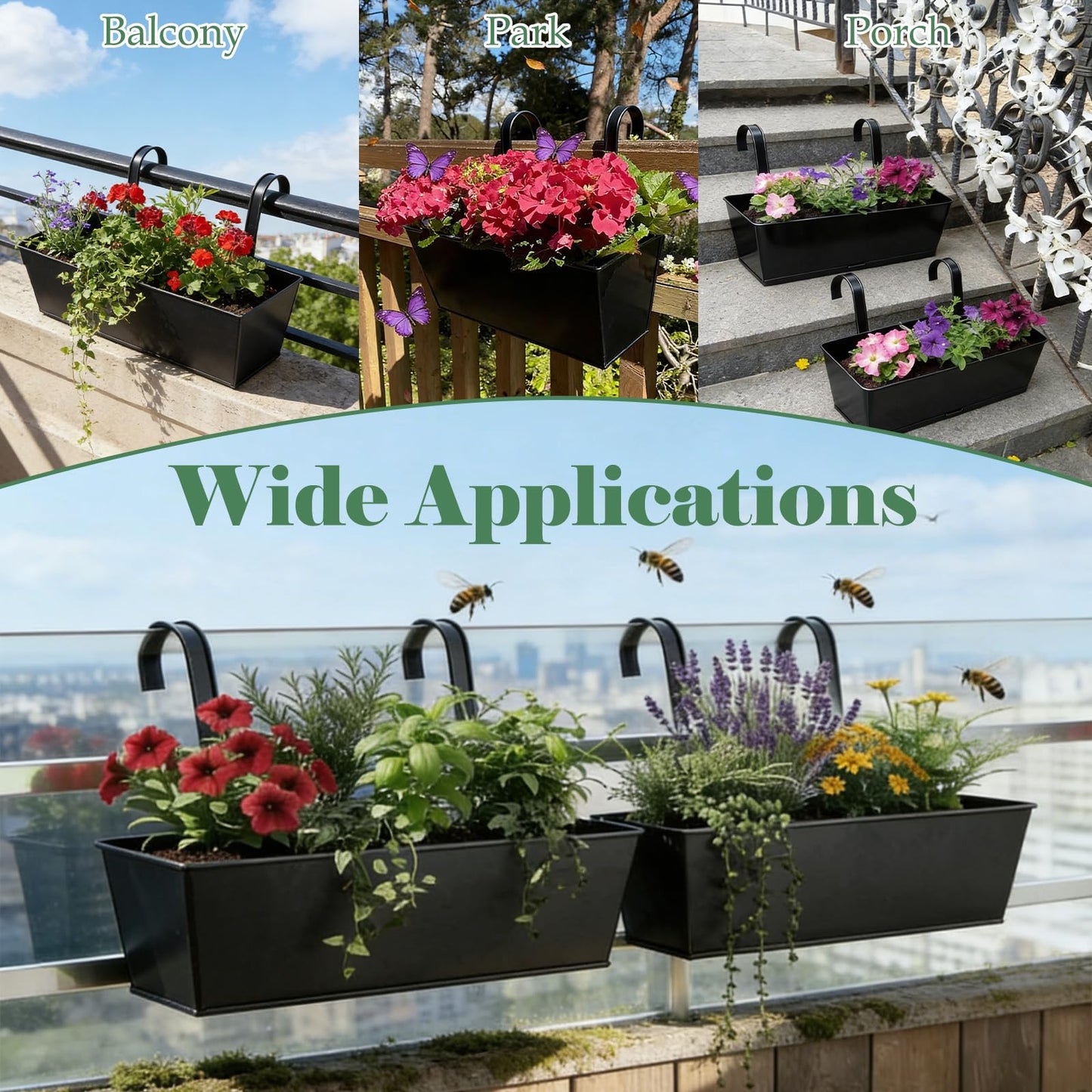 YAYODS 4 Pack Metal Railing Planter Box for Outdoor 16 Inch Hanging Flower Pots for Railing Fence, Deck Hanging Balcony Planters for Garden, Porch, Window (Black)