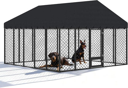 10x10FT Dog Kennel Outdoor with Roof - Heavy Duty Metal Fence Playpen for Large Dogs, Weatherproof Enclosure with Double Lock Gate & Feeding Swivel Door
