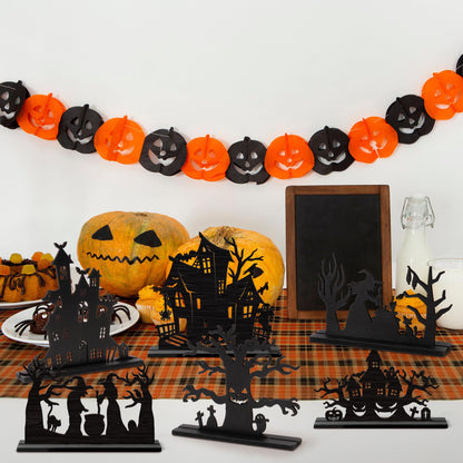 WATINC Halloween Wooden Centerpiece Decorations - Haunted House Witch Tree Silhouette Sketch Wood Tabletop Ornaments, Halloween Black Pumpkin Boo Desk Tiered Tray Decor for Home Kitchen Party