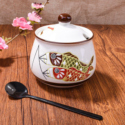 LMRLCS Ceramic Sugar Bowl with Lid and Spoon - 10oz Small Spice Jar with Japanese Koi Fish Design - Decorative Seasoning Container for Salt, Lard, Chili Oil & Condiments, Farmhouse Kitchen Decor