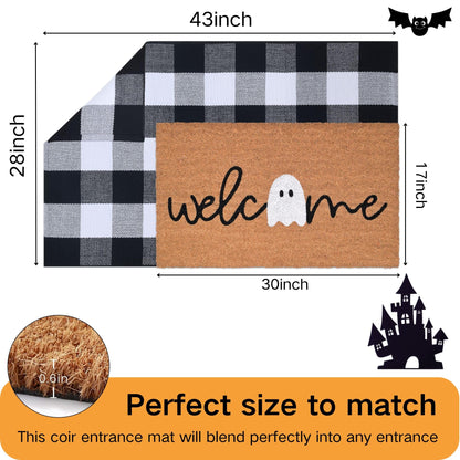 Halloween Door Mat Combo Set, Welcome Ghost Coco Coir Welcome Doormat + 28" x 43" Black and White Plaid Rug, Autumn Halloween Front Porch Entryway Decor Floor Mat