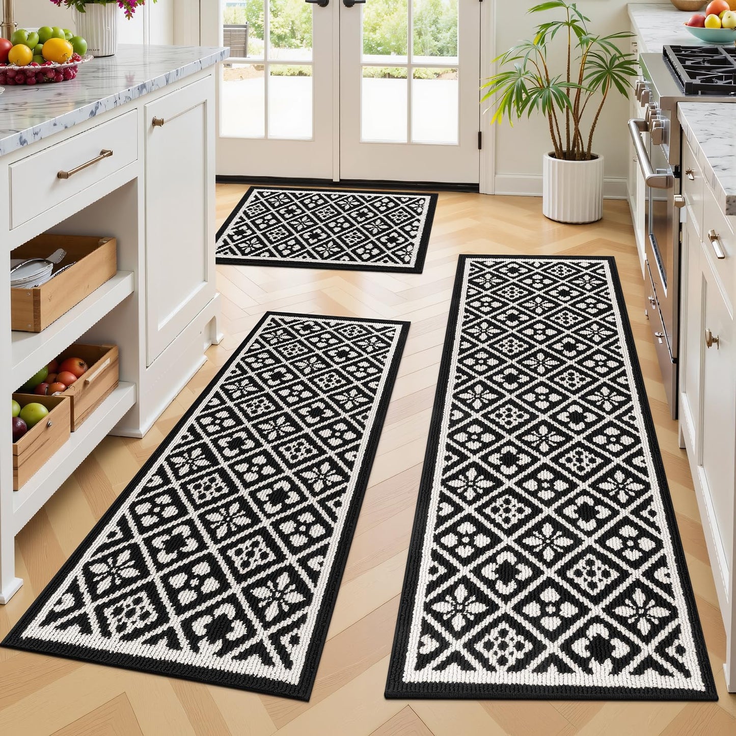 Ileading Kitchen Mat Sets 3 Piece Minimalist 3D Lattice Kitchen Floor Rugs with Non Slip Rubber Backing Machine Washable Farmhouse Runner Rugs for Laundry Hallway Doormat(G Black&White)