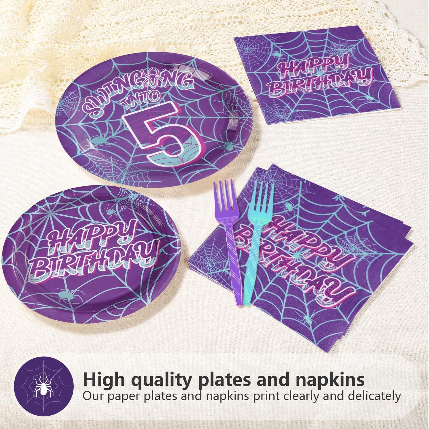 Greencian 96Pcs Spider 5th Birthday Party Supplies Purple Spiderweb Party Plates and Napkins Disposable Ghost Cartoon Tableware Set for Kids Birthday Halloween Hero Theme Decorations, Serves 24
