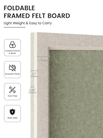 Fluxynara Foldable Cork Board Alternative, Felt Bulletin Board 23.6" x 17.5" Oatmeal Frame with 12 Adhesive Tabs, Pin Board for Home Office, Classroom, Entryway, Kitchen Wall Decor—Sage