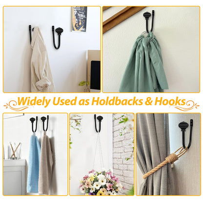 2 Pack Black Curtain Tiebacks, USFOOK Decorative Window Drapery Holdbacks (2 Pack/1 Pair), Curtain Hooks for Drapes with Square Finials (3.45" L x 5.35" W)