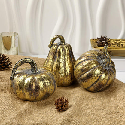 Hollyone Fall Pumpkin Decor 3 PCS Gold Resin Pumpkin Figurines Fake Pumpkins for Decorating Faux Pumpkins Fall Decorations Rustic Farmhouse Home Centerpiece for Thanksgiving Harvest Halloween Autumn