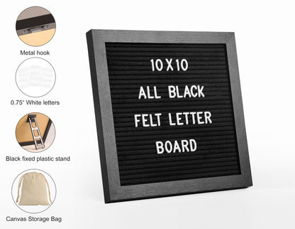 G GAMIT Black Felt Letter Board with 294 Changeable Letters&Numbers, 10”x10” Message Board Letter Sign Board in Black Frame with Stand and Canvas bag for Announcement&Notification