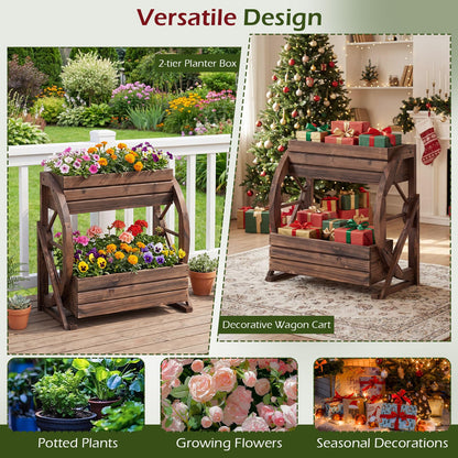 Byroce Wooden Wagon Planter Box, 2-Tier Raised Garden Bed with Drainage Holes for Flowers, Vegetables & Herbs, Indoor Outdoor Decorative Wheel Cart for Patio, Yard & Balcony, Rustic (1)