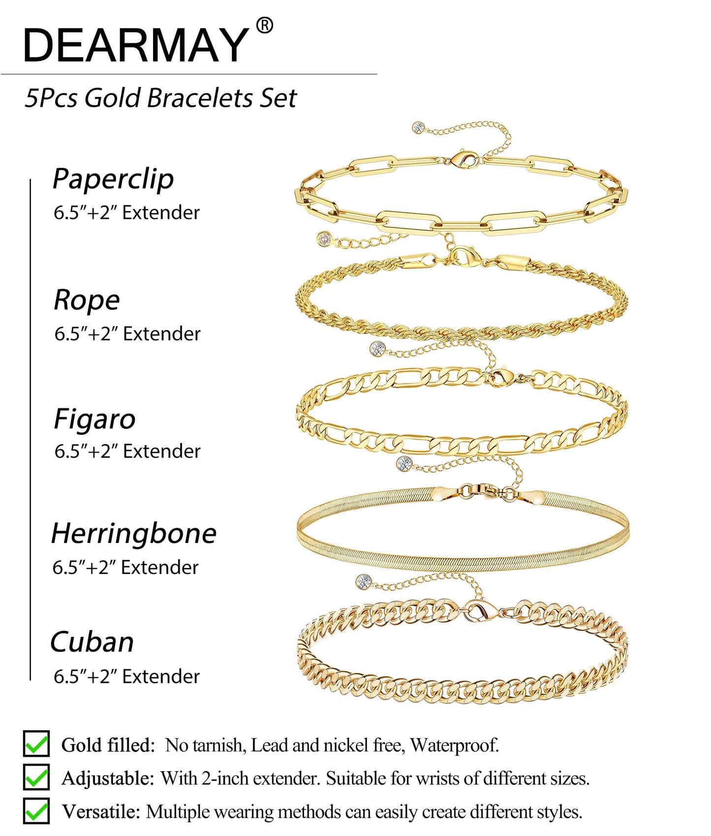 DEARMAY Gold Bracelets for Women Trendy Gold Jewelry Set for Women Cuban Link Chain 14K Gold Plated Filled Figaro Paperclip Rope Herringbone Bracelet Pack 18K Gifts for Women