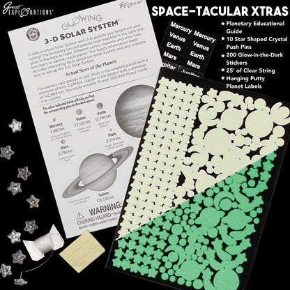 Great Explorations, 3-D Solar System Glow In The Dark Ceiling Hanging Kit 3D Planets and Star Stickers Create the Milky Way Teach Science STEM