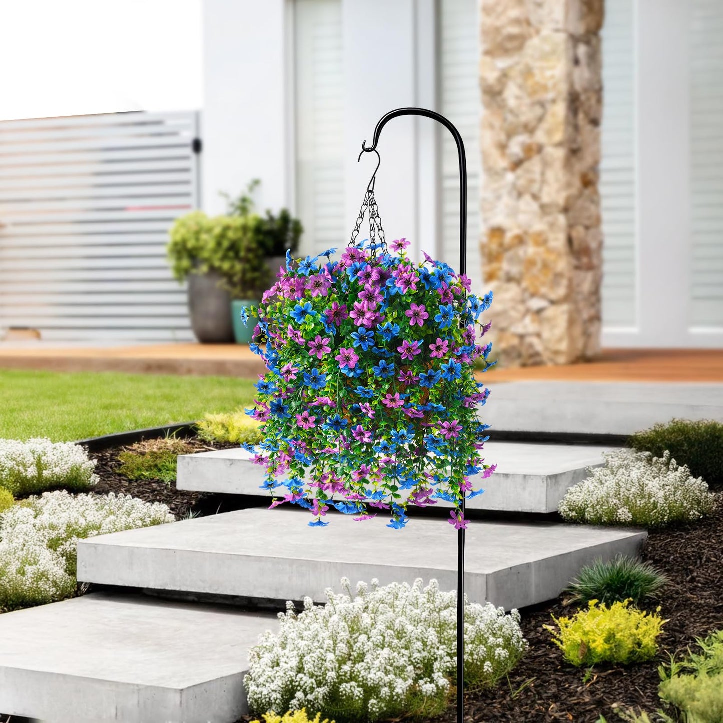 INQCMY Artificial Faux Hanging Flowers Plants Basket for Outdoor Outside Spring Decoration,UV Resistant Fake Silk Daisy in Planter Resistant Look Real for Home Porch Balcony Patio Yard Decor