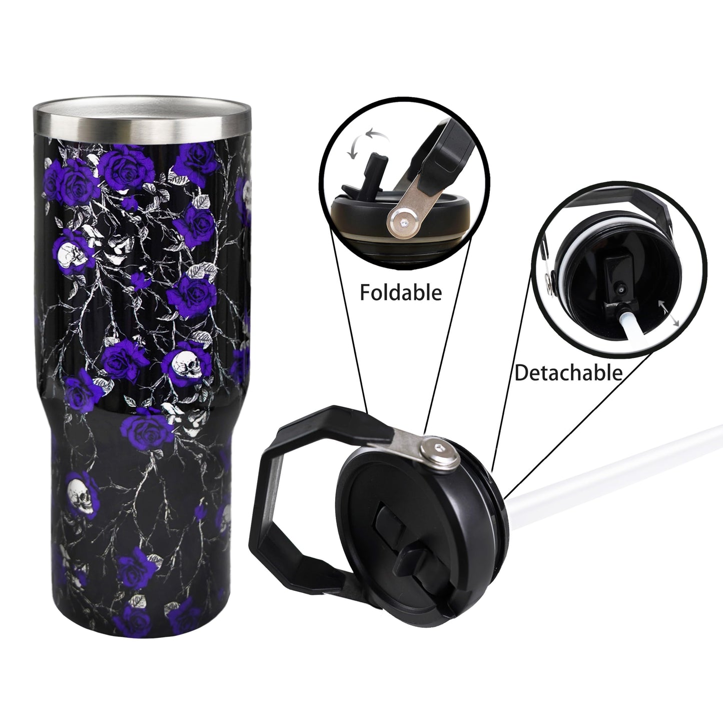 30oz Halloween Tumbler with Handle and Straw, Goth Floral Skull Insulated Tumbler, Leak Proof Travel Coffee Mug, Reusable Stainless Steel Skull Tumbler, Halloween Gifts for Women (black purple)