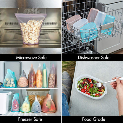 Zip Top Reusable Food Storage Bags | 3 Dish Set [Gray] | Silicone Meal Prep Container | Microwave, Dishwasher and Freezer Safe | Made in the USA