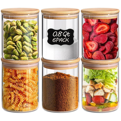 ComSaf 0.8 Qt Glass Food Storage Jars Set of 6, Clear Glass Storage Containers with Lids, Pantry Organization Jar, Spice Jar, Blooming Tea, Coffee and Sugar Container, Small Canister Set for Kitchen