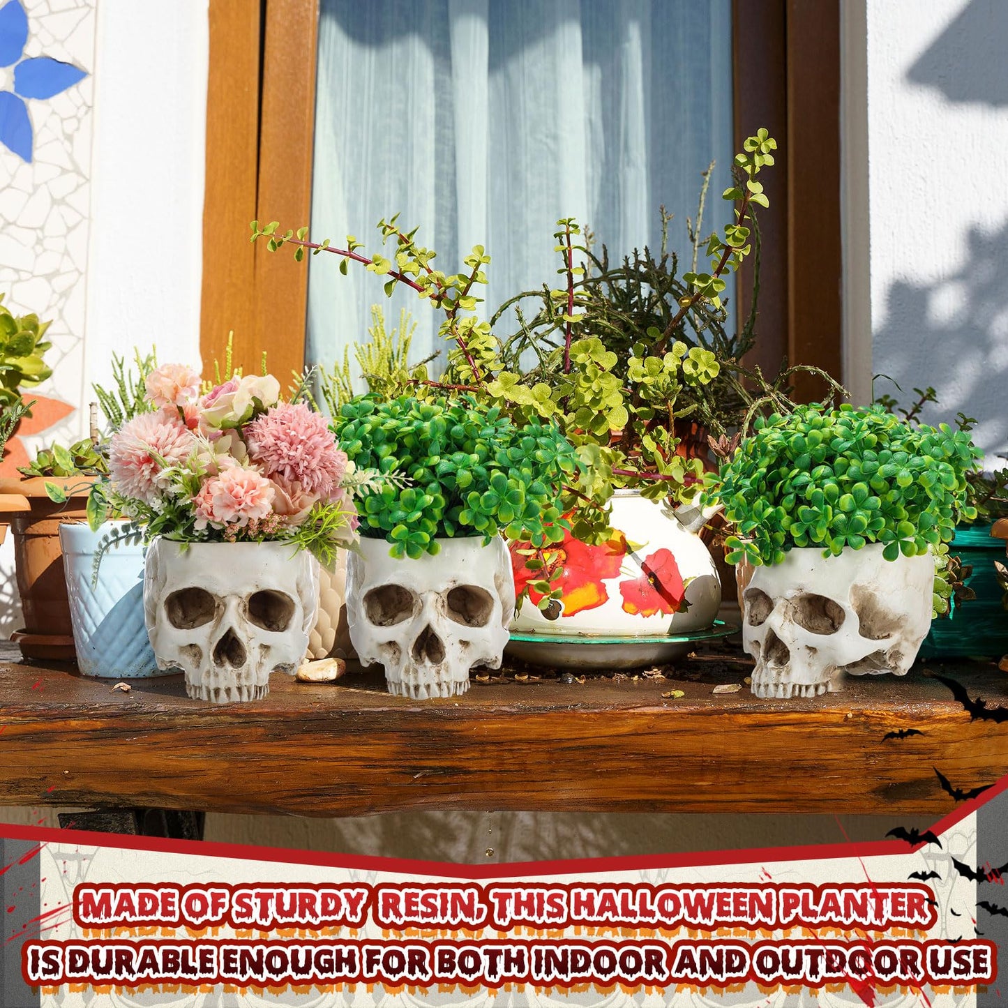Acellegic Skull Planter Resin Skull Head Flower Pot Candy Bowl Spooky Gothic Decoration for Tabletop Home Bar Office Desk Halloween(2 Pack,Antique White,Classic)