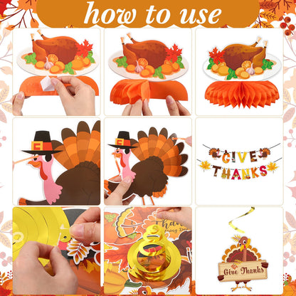 Blosssound 29 Pcs Thanksgiving Party Decorations - Turkey Pumpkin Maple Leaf Honeycomb Centerpieces, Give Thanks Hanging Swirls Banners for Fall Birthday Party Supplies