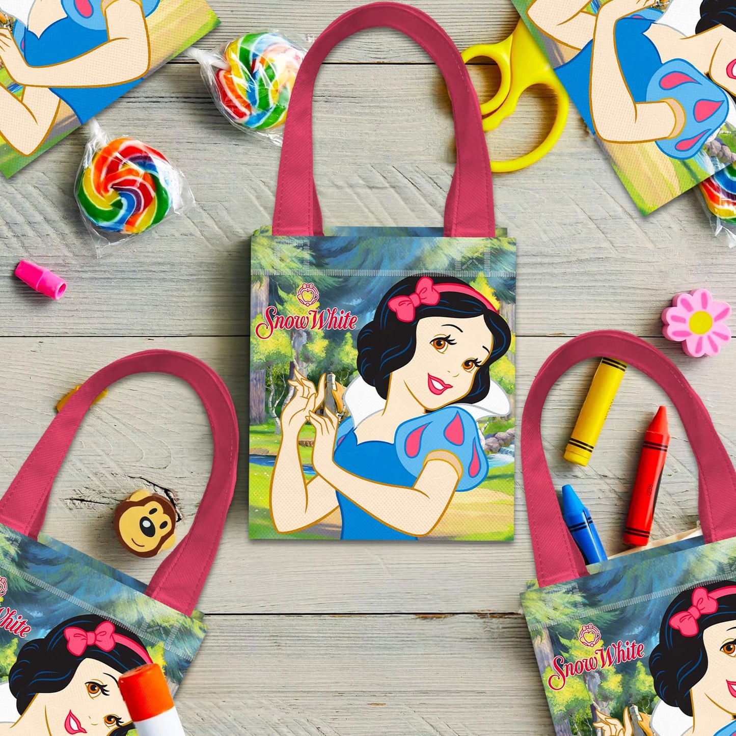 Snow White Party Favor Bags Set – 24 Pack 8" Disney Goodie Bags for Kids Bulk Reusable Mini Totes | Disney Snow White Birthday Party Supplies