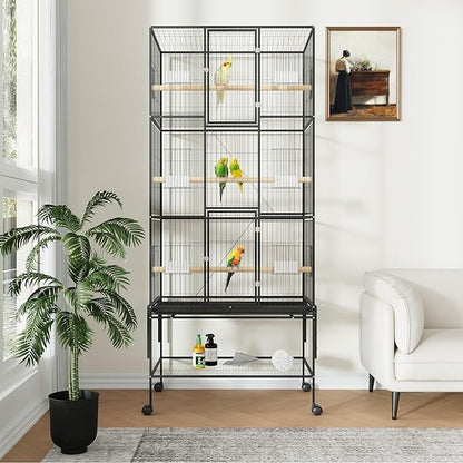 69-Inch Large Bird Cages with Stand, 3-Tier Tall Bird Cage with Ramps, Storage Shelf and Feed Bowls – Rolling Parrot Cage for Parakeets, Cockatiels, Conures, Budgies & Finches