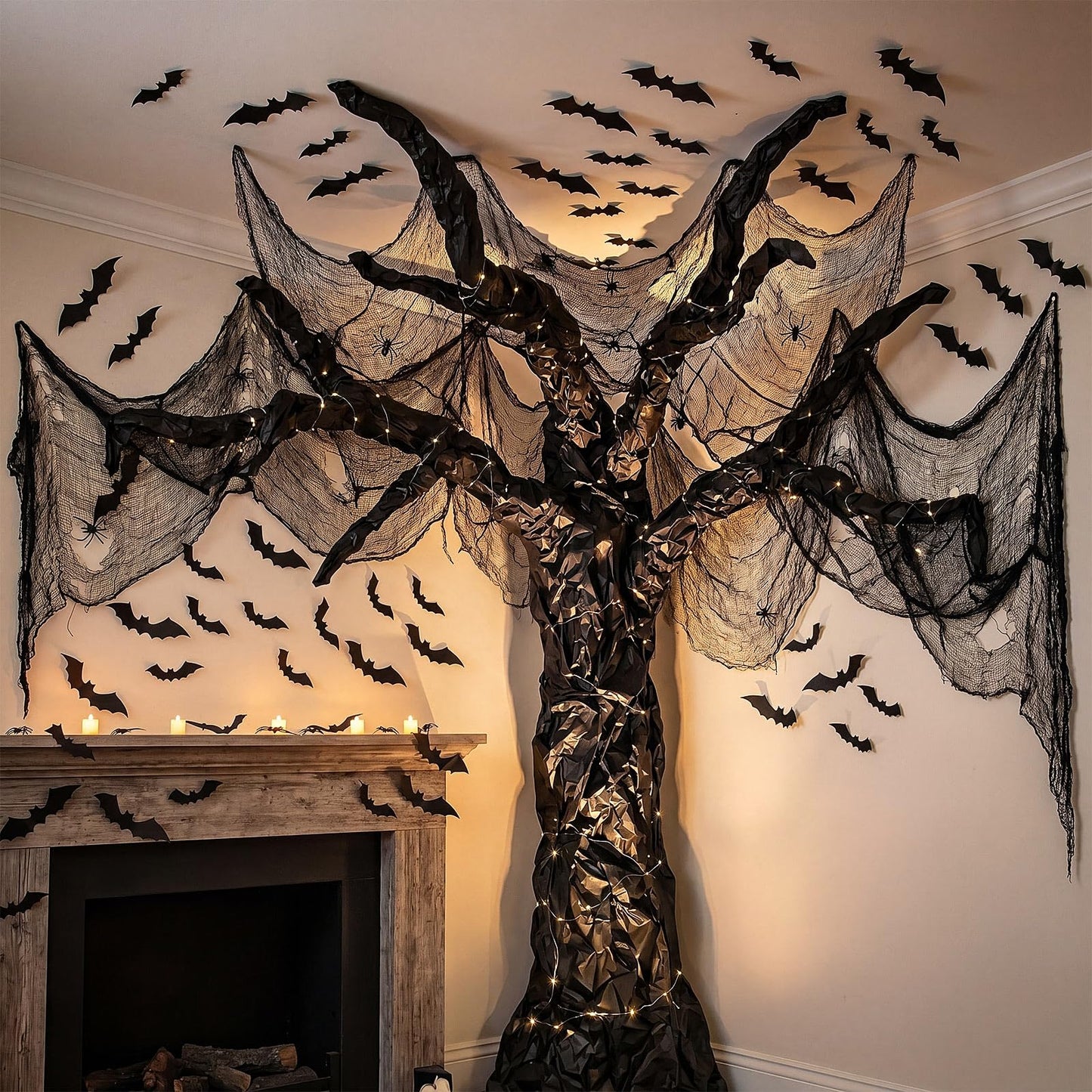 Humyoun 29 Pcs Halloween Spooky Tree Wall Decor DIY Kit, 24 Realistic 3D Bat Stickers, Black Scary Cloth, 2 Kraft Paper Rolls, 2 Tapes Creepy Haunted House Backdrop for DIY Craft Outdoor Indoor Party